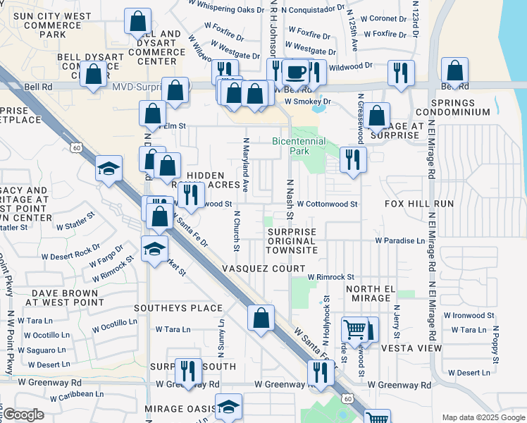 map of restaurants, bars, coffee shops, grocery stores, and more near 16318 North Desert Sage Drive in Surprise