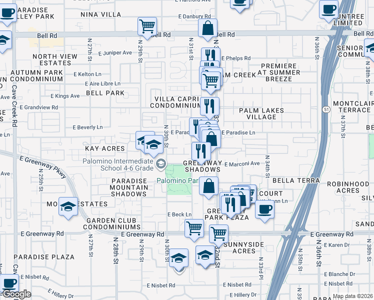 map of restaurants, bars, coffee shops, grocery stores, and more near 16042 North 31st Street in Phoenix