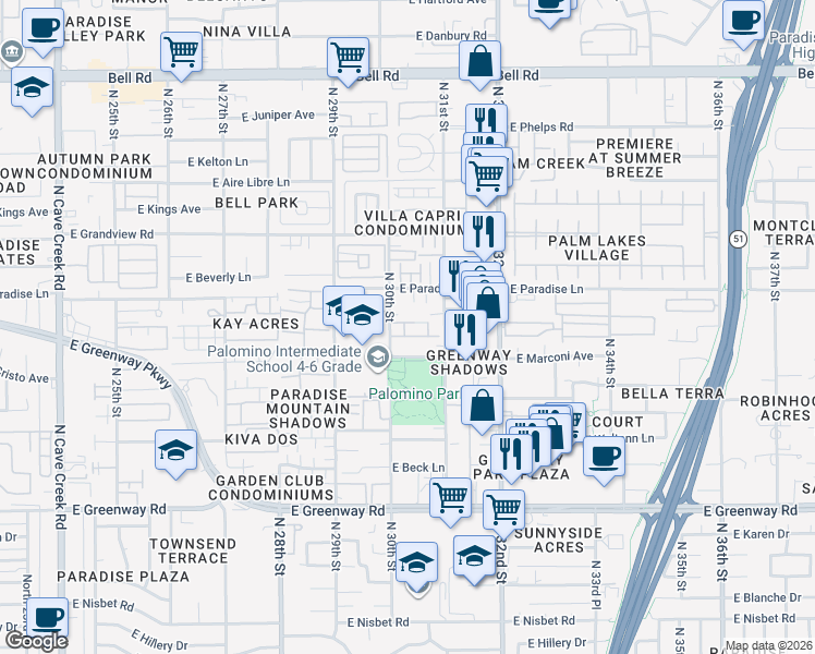 map of restaurants, bars, coffee shops, grocery stores, and more near 3015 East Paradise Lane in Phoenix