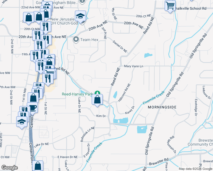 map of restaurants, bars, coffee shops, grocery stores, and more near 347 18th Avenue Northeast in Center Point