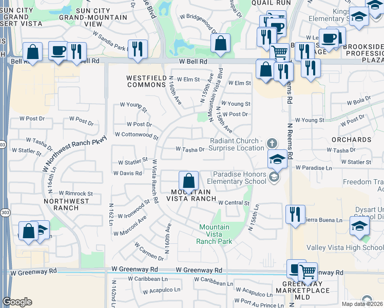 map of restaurants, bars, coffee shops, grocery stores, and more near 15921 West Cottonwood Street in Surprise