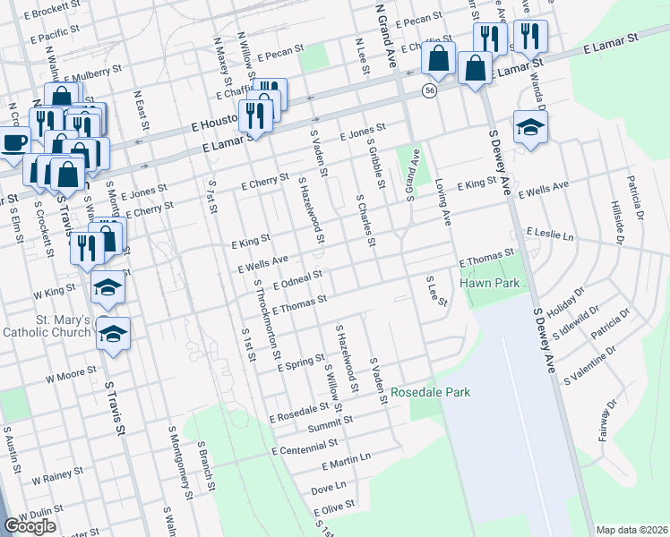 map of restaurants, bars, coffee shops, grocery stores, and more near 1023 Odneal Street in Sherman