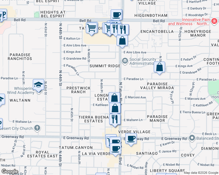 map of restaurants, bars, coffee shops, grocery stores, and more near 4709 East Paradise Lane in Phoenix