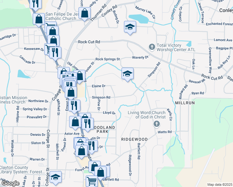 map of restaurants, bars, coffee shops, grocery stores, and more near 4466 Meadow Drive in Forest Park