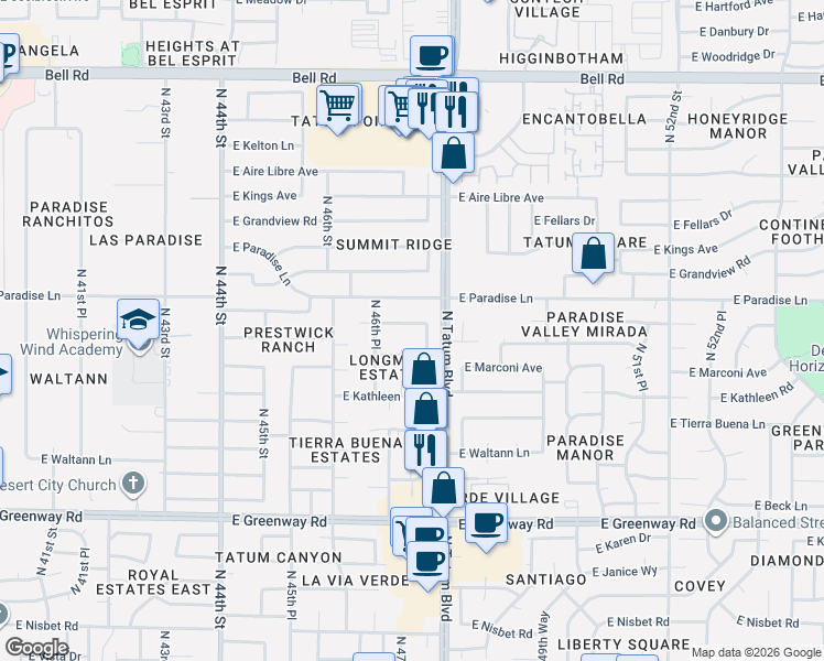map of restaurants, bars, coffee shops, grocery stores, and more near 4709 East Paradise Lane in Phoenix