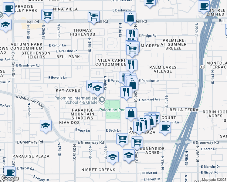 map of restaurants, bars, coffee shops, grocery stores, and more near 3009 East Paradise Lane in Phoenix