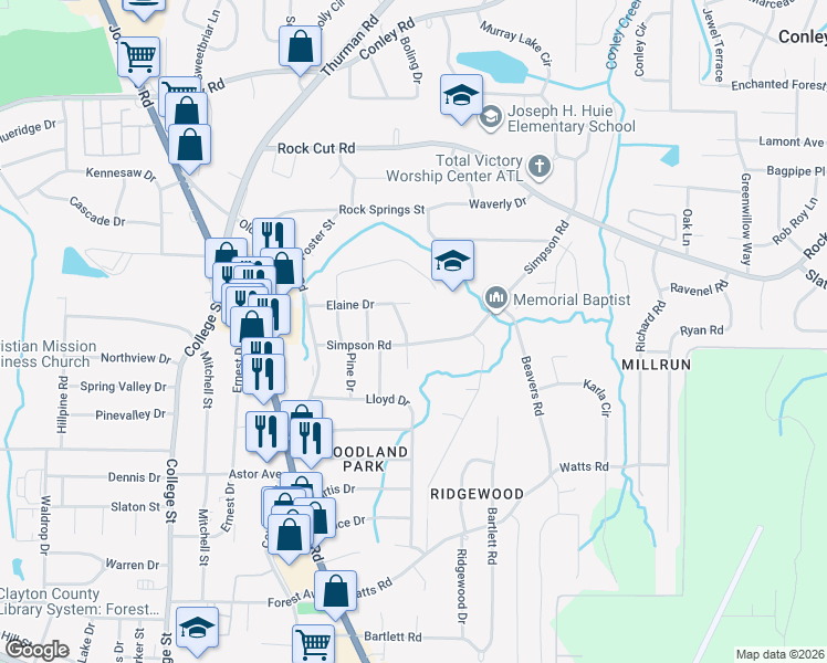 map of restaurants, bars, coffee shops, grocery stores, and more near 4466 Meadow Drive in Forest Park