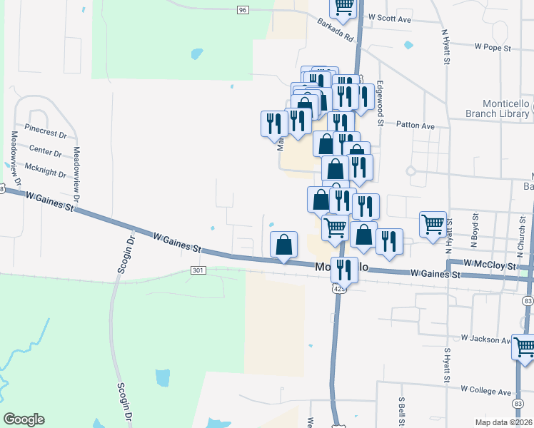map of restaurants, bars, coffee shops, grocery stores, and more near in Monticello