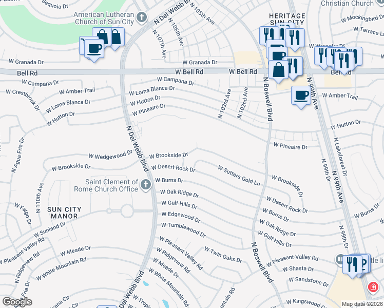map of restaurants, bars, coffee shops, grocery stores, and more near 10502 West Brookside Drive in Sun City