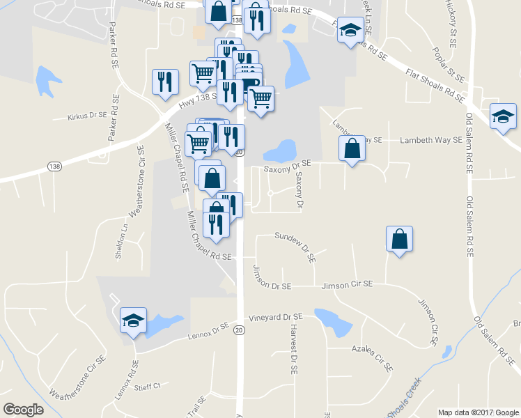 map of restaurants, bars, coffee shops, grocery stores, and more near 1236 Saxony Drive Southeast in Conyers