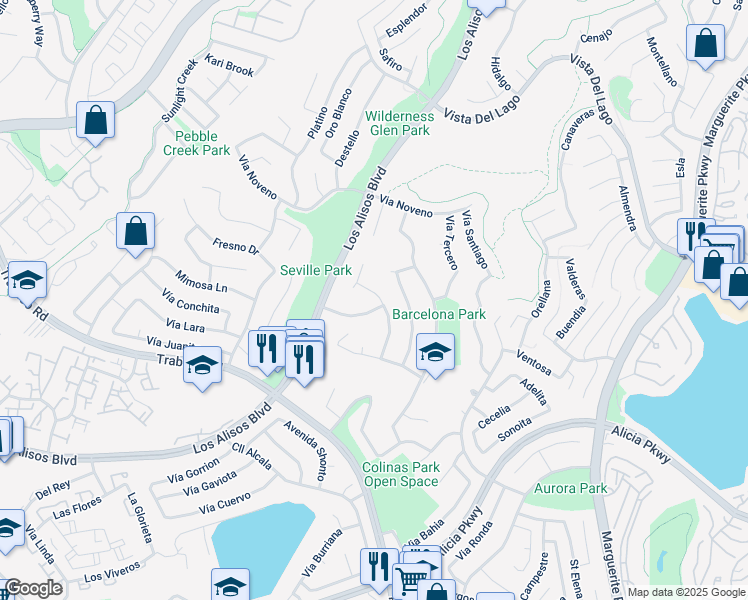 map of restaurants, bars, coffee shops, grocery stores, and more near 22735 Via Santa Rosa in Mission Viejo