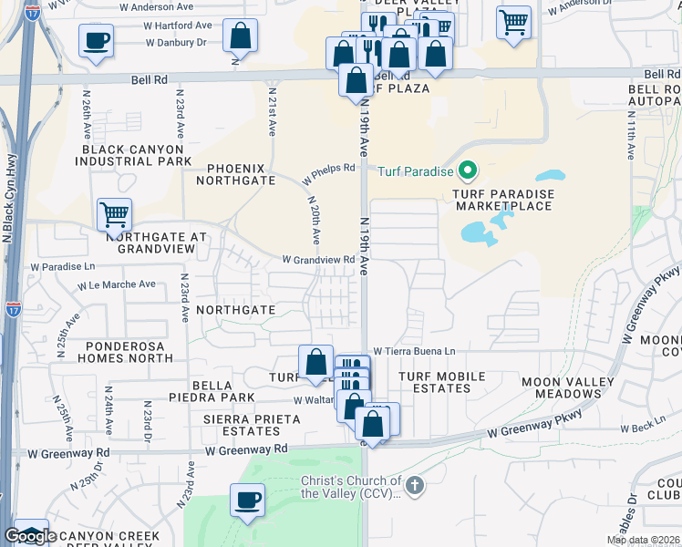 map of restaurants, bars, coffee shops, grocery stores, and more near 1968 West Davis Road in Phoenix