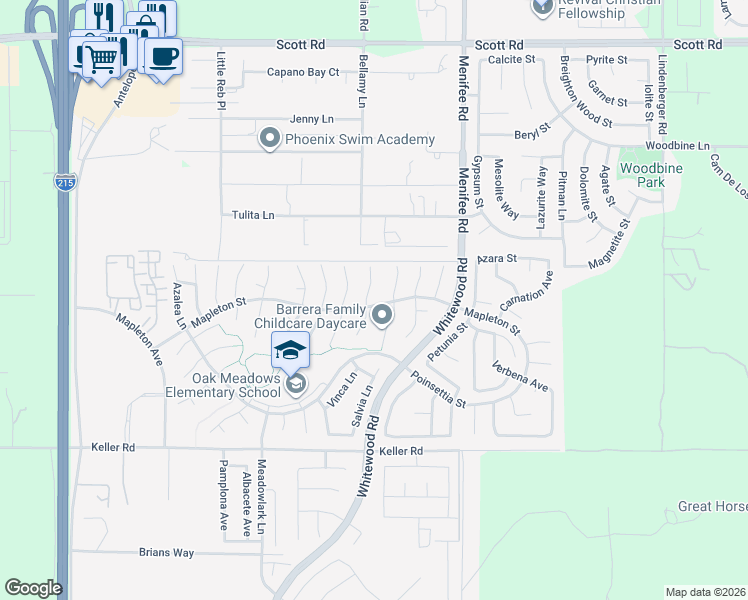 map of restaurants, bars, coffee shops, grocery stores, and more near 33626 Poppy Lane in Murrieta