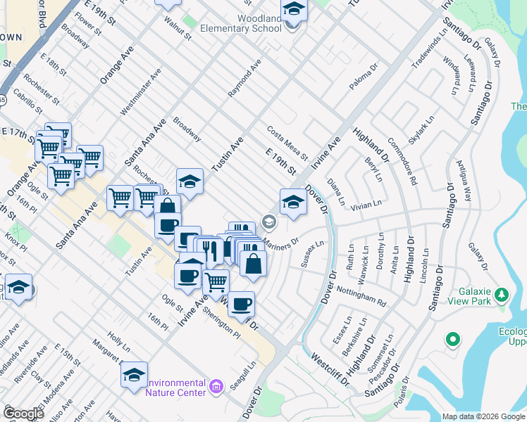 map of restaurants, bars, coffee shops, grocery stores, and more near 492 Magnolia Street in Costa Mesa