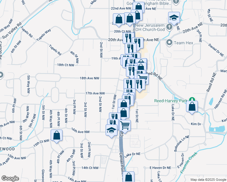 map of restaurants, bars, coffee shops, grocery stores, and more near 1700 1st Street Northwest in Center Point