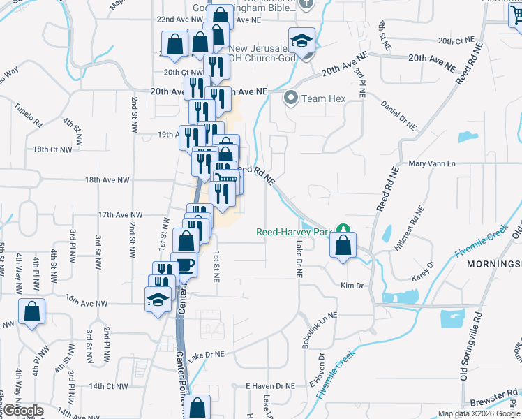 map of restaurants, bars, coffee shops, grocery stores, and more near 1720 2nd Street Northeast in Center Point