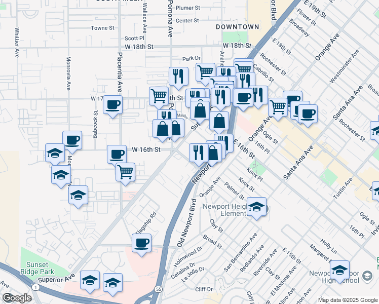 map of restaurants, bars, coffee shops, grocery stores, and more near 129 Tribeca Way in Costa Mesa