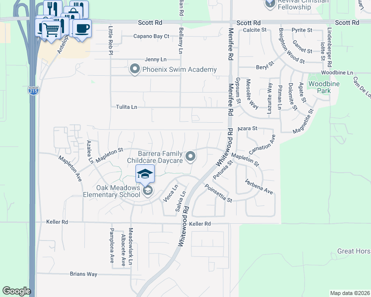 map of restaurants, bars, coffee shops, grocery stores, and more near 33626 Poppy Lane in Murrieta
