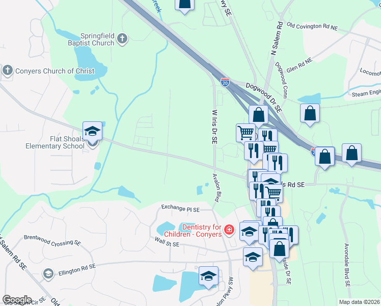 map of restaurants, bars, coffee shops, grocery stores, and more near 1908 Flat Shoals Road Southeast in Conyers