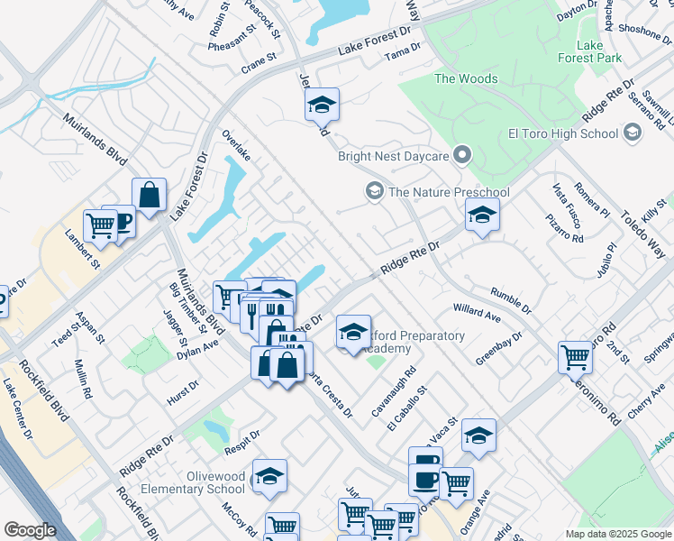 map of restaurants, bars, coffee shops, grocery stores, and more near 24596 Overlake in Lake Forest