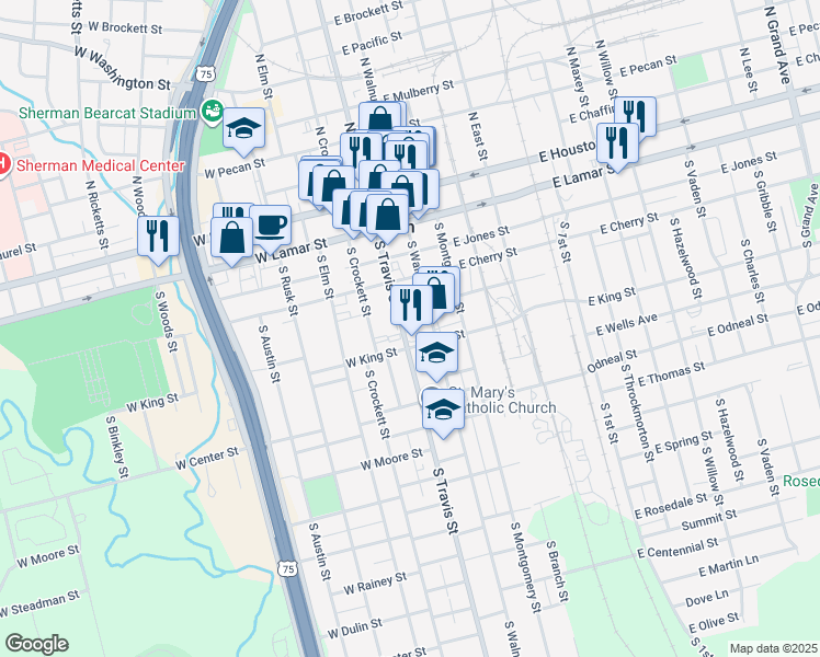 map of restaurants, bars, coffee shops, grocery stores, and more near 517 South Travis Street in Sherman