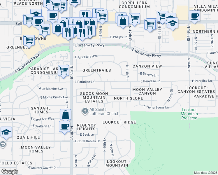 map of restaurants, bars, coffee shops, grocery stores, and more near 16043 North 10th Street in Phoenix