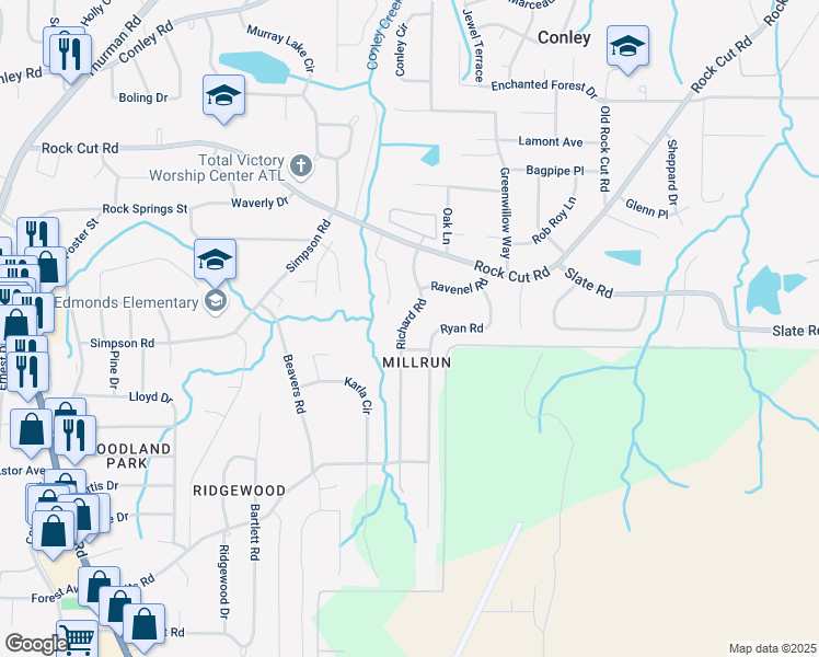 map of restaurants, bars, coffee shops, grocery stores, and more near 4488 Richard Road in Conley