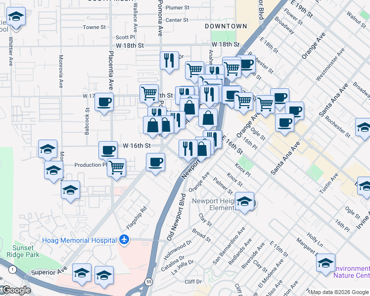 map of restaurants, bars, coffee shops, grocery stores, and more near 1560 Superior Avenue in Costa Mesa