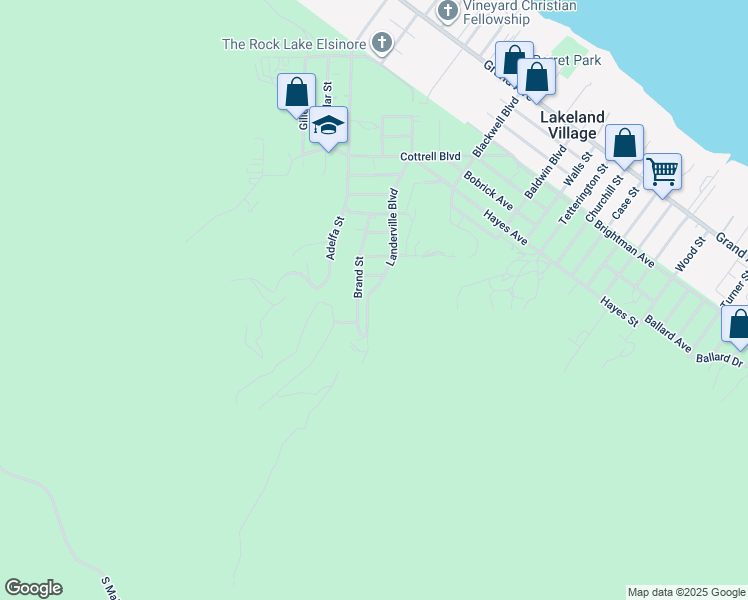 map of restaurants, bars, coffee shops, grocery stores, and more near Landerville Boulevard in Lake Elsinore