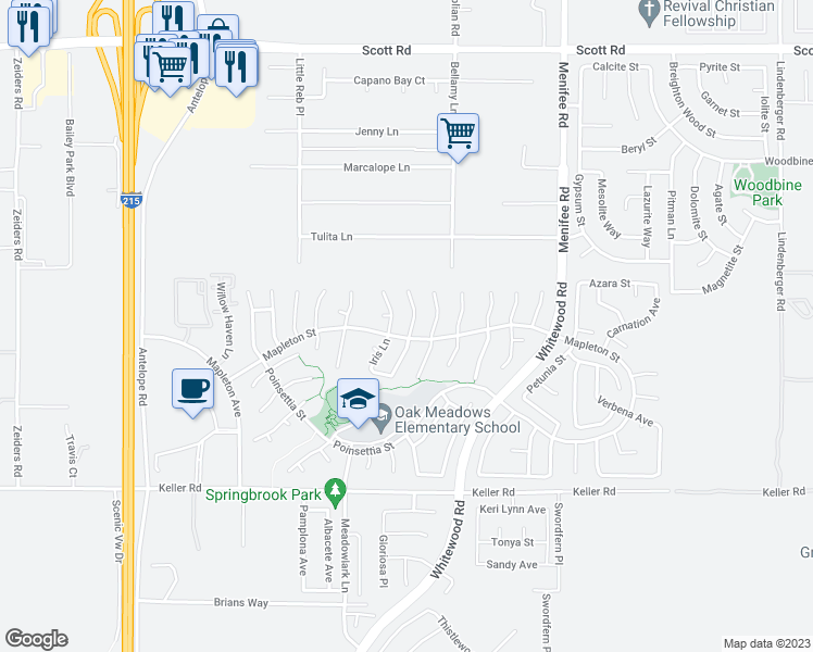 map of restaurants, bars, coffee shops, grocery stores, and more near 33625 Marigold Lane in Murrieta