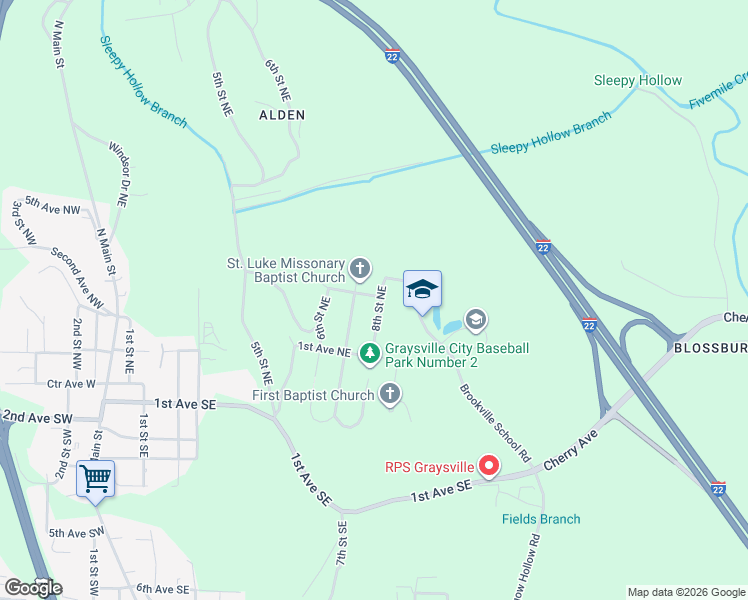 map of restaurants, bars, coffee shops, grocery stores, and more near 340 8th Street Northeast in Graysville