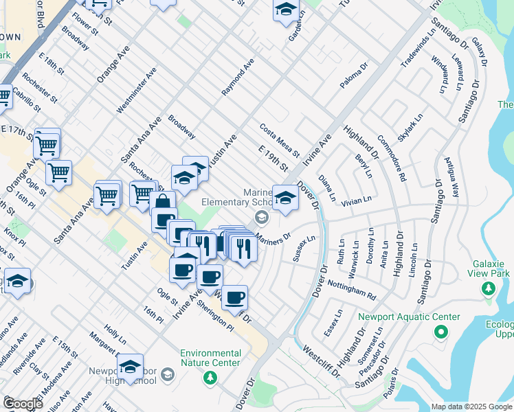 map of restaurants, bars, coffee shops, grocery stores, and more near 492 Magnolia Street in Costa Mesa