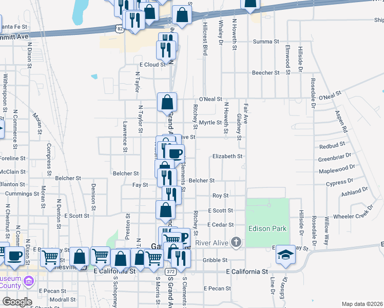 map of restaurants, bars, coffee shops, grocery stores, and more near 820 Ritchey Street in Gainesville