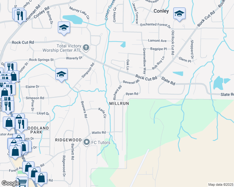 map of restaurants, bars, coffee shops, grocery stores, and more near 4465 Richard Road in Conley