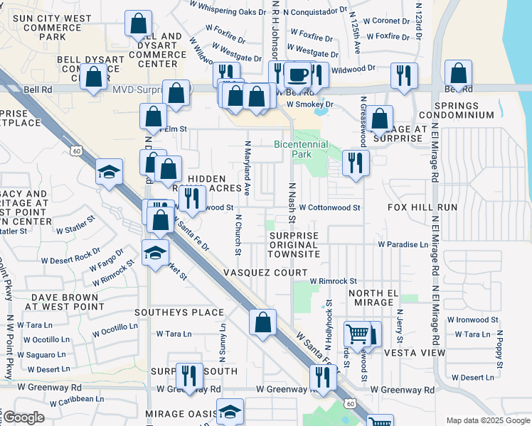 map of restaurants, bars, coffee shops, grocery stores, and more near 16326 North Desert Sage Drive in Surprise