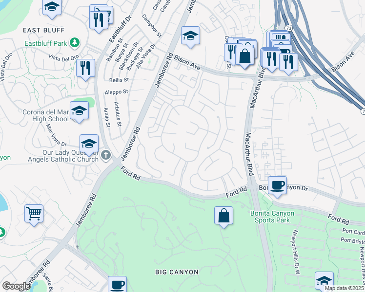 map of restaurants, bars, coffee shops, grocery stores, and more near 23 Colonial Drive in Newport Beach