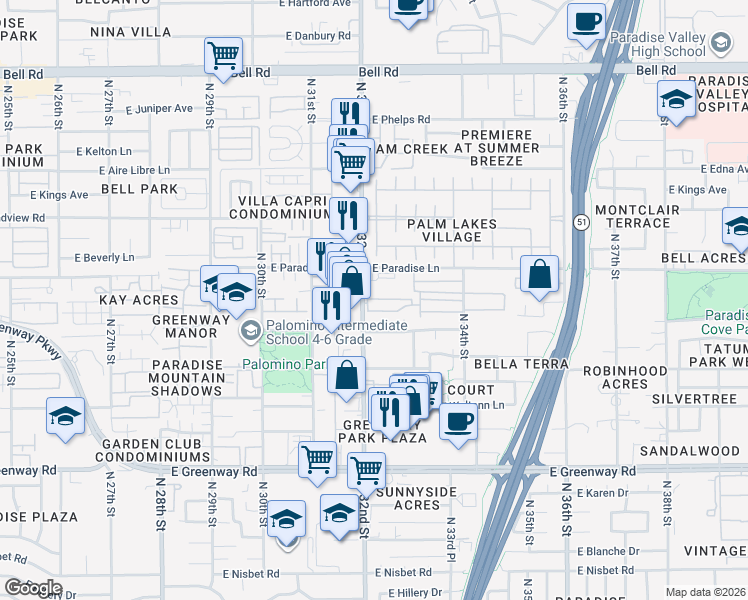 map of restaurants, bars, coffee shops, grocery stores, and more near 16033 North 32nd Street in Phoenix