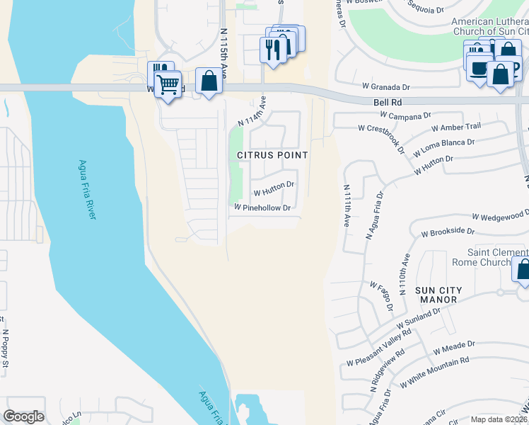 map of restaurants, bars, coffee shops, grocery stores, and more near 11363 West Hutton Drive in Sun City