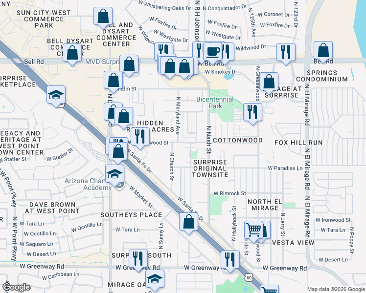 map of restaurants, bars, coffee shops, grocery stores, and more near 12742 West Cottonwood Street in Surprise