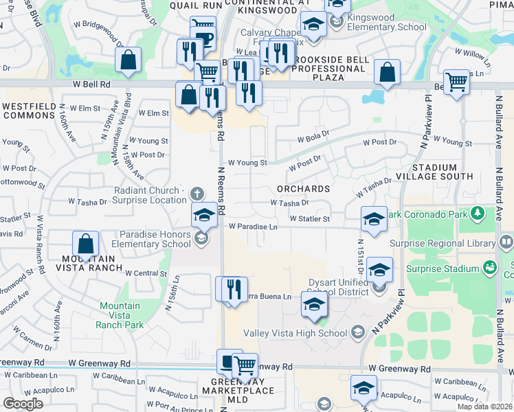 map of restaurants, bars, coffee shops, grocery stores, and more near 15385 West Cottonwood Circle in Surprise
