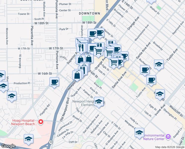 map of restaurants, bars, coffee shops, grocery stores, and more near 1612 Orange Avenue in Costa Mesa