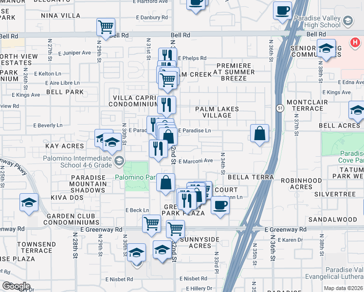 map of restaurants, bars, coffee shops, grocery stores, and more near 16033 North 32nd Street in Phoenix