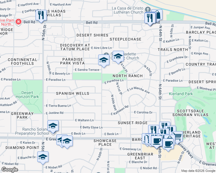 map of restaurants, bars, coffee shops, grocery stores, and more near 6002 East Paradise Drive in Scottsdale