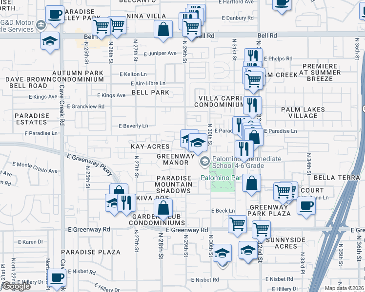 map of restaurants, bars, coffee shops, grocery stores, and more near 2844 East Le Marche Avenue in Phoenix