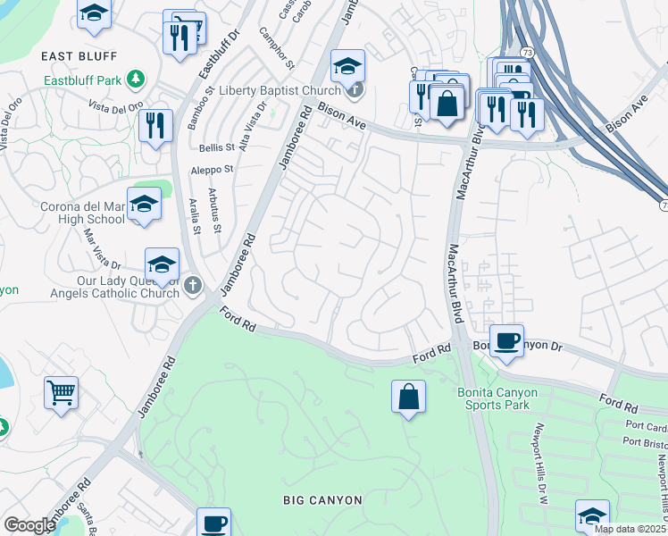 map of restaurants, bars, coffee shops, grocery stores, and more near 23 Colonial Drive in Newport Beach