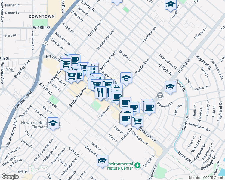 map of restaurants, bars, coffee shops, grocery stores, and more near 367 Rochester Street in Costa Mesa
