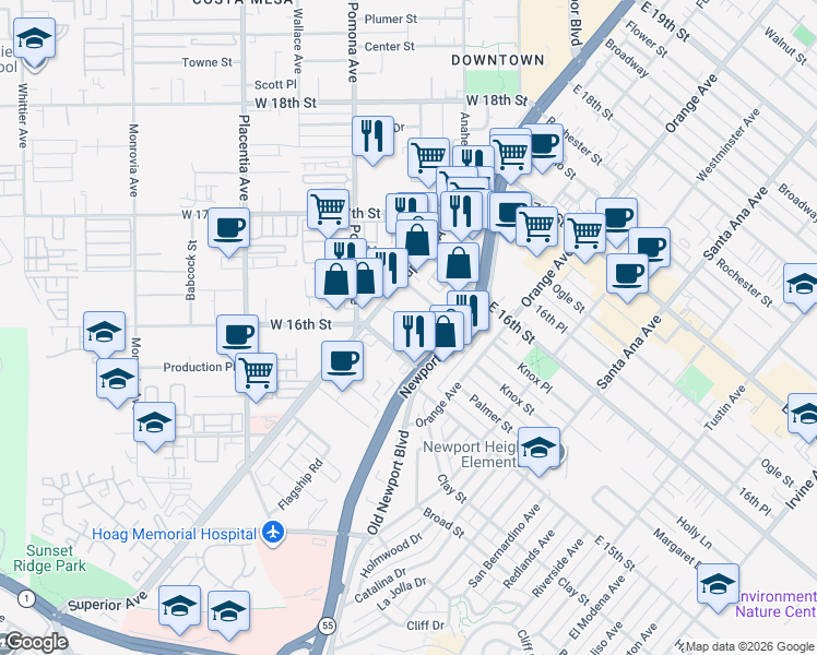 map of restaurants, bars, coffee shops, grocery stores, and more near 1560 Superior Avenue in Costa Mesa