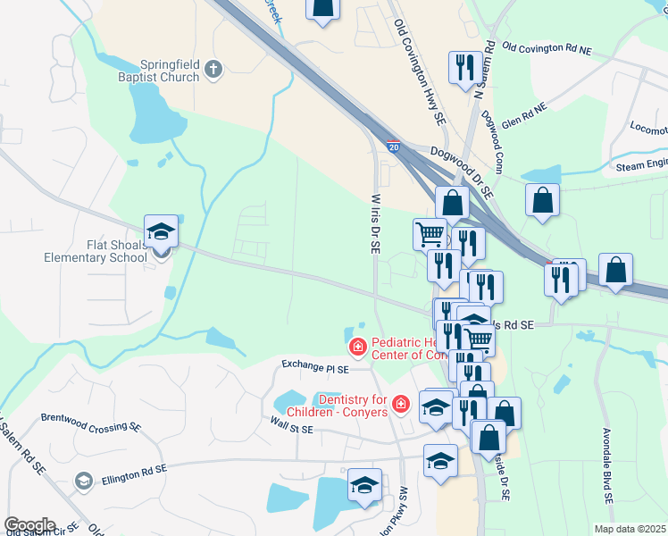 map of restaurants, bars, coffee shops, grocery stores, and more near Flat Shoals Road Southeast in Conyers