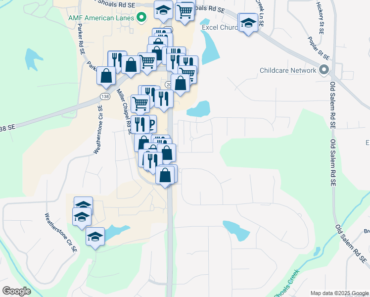 map of restaurants, bars, coffee shops, grocery stores, and more near 1236 Saxony Drive Southeast in Conyers