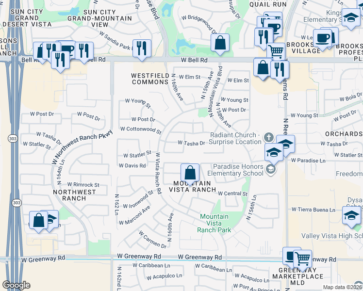 map of restaurants, bars, coffee shops, grocery stores, and more near 15956 West Tasha Drive in Surprise
